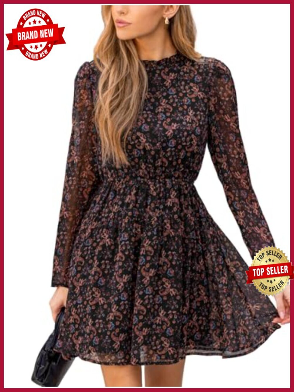 Floral Chiffon Mini Dress Mock Neck Puff Sleeve Smocked Waist